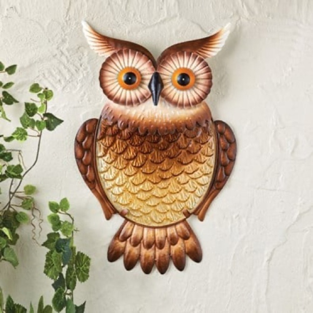 Whimsical Owl Wall Art – Embossed Metal Hanging – Brown Woodland Cottagecore